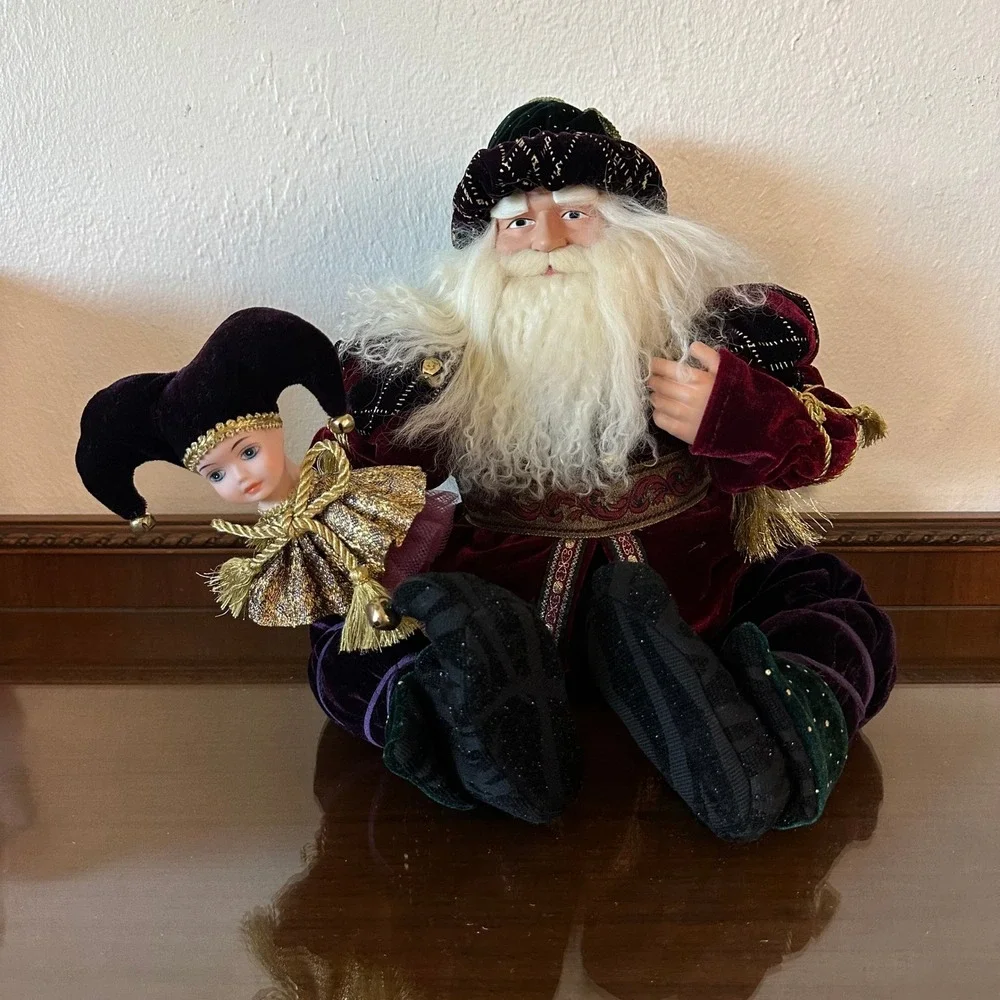 Costco Wholesale Santa Claus Figurine Burgundy Velvet Jester Doll Holiday Decor